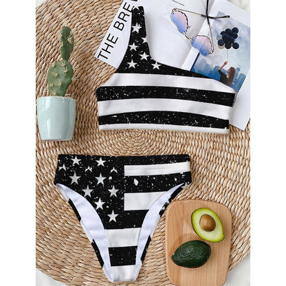 Monochrome Grunge American Flag Print One Shoulder Bikini Top