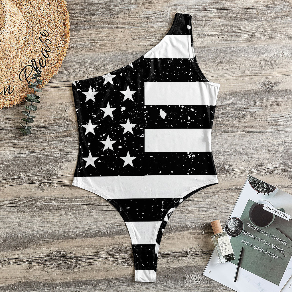 Monochrome Grunge American Flag Print One Shoulder Bodysuit