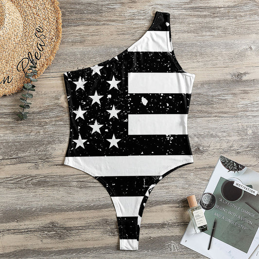 Monochrome Grunge American Flag Print One Shoulder Bodysuit