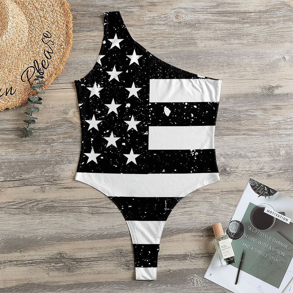 Monochrome Grunge American Flag Print One Shoulder Bodysuit