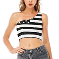 Monochrome Grunge American Flag Print One Shoulder Crop Top