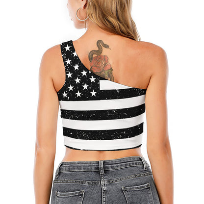 Monochrome Grunge American Flag Print One Shoulder Crop Top