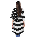 Monochrome Grunge American Flag Print Open Front Beach Cover Up