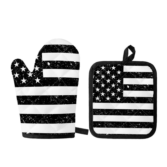 Monochrome Grunge American Flag Print Oven Mitt And Pot Holder Set