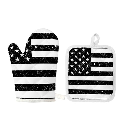 Monochrome Grunge American Flag Print Oven Mitt And Pot Holder Set