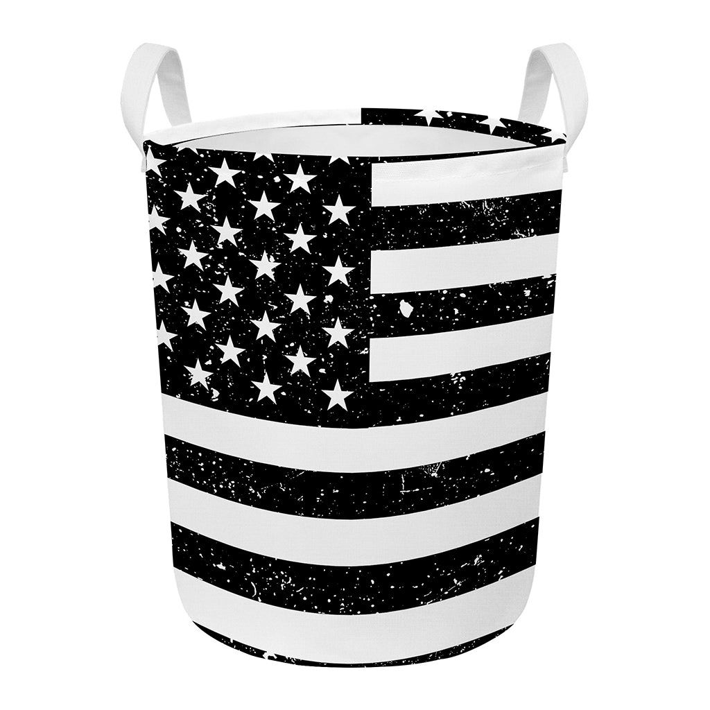 Monochrome Grunge American Flag Print Round Laundry Basket