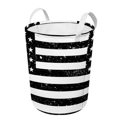 Monochrome Grunge American Flag Print Round Laundry Basket