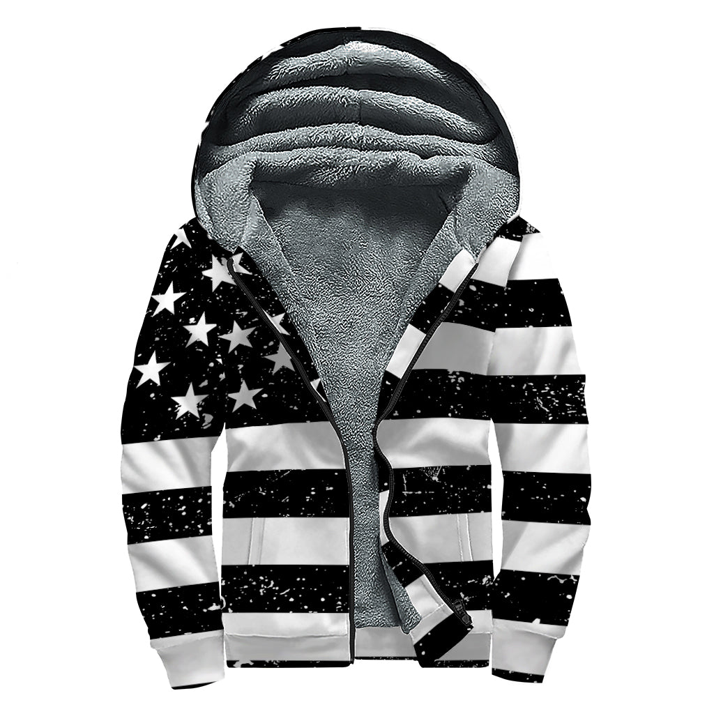 Monochrome Grunge American Flag Print Sherpa Lined Zip Up Hoodie