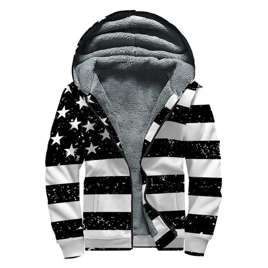 Monochrome Grunge American Flag Print Sherpa Lined Zip Up Hoodie