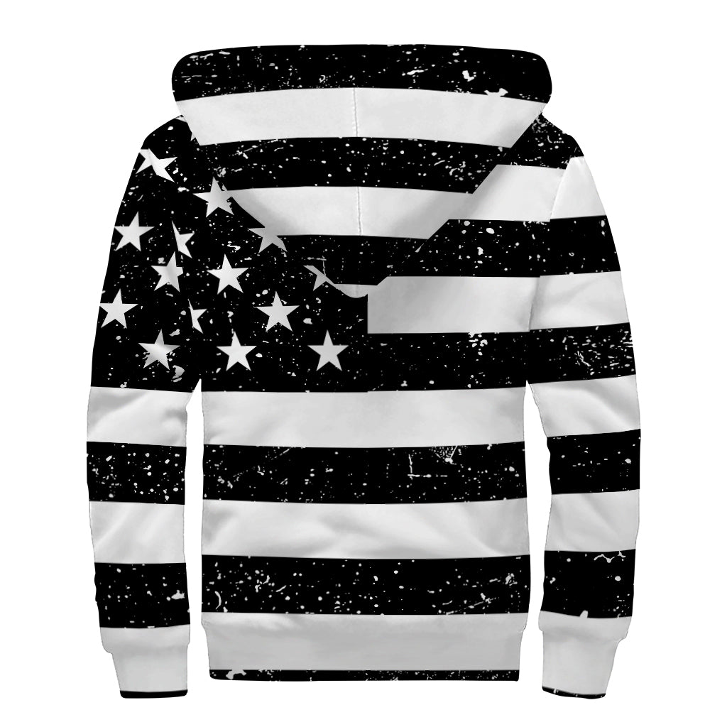 Monochrome Grunge American Flag Print Sherpa Lined Zip Up Hoodie