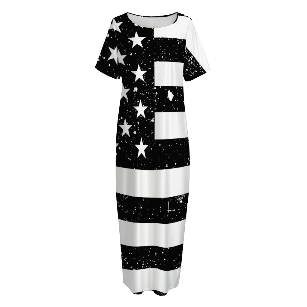 Monochrome Grunge American Flag Print Short Sleeve Long Nightdress