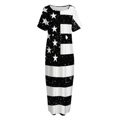 Monochrome Grunge American Flag Print Short Sleeve Long Nightdress