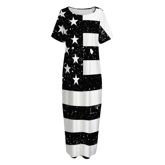 Monochrome Grunge American Flag Print Short Sleeve Long Nightdress