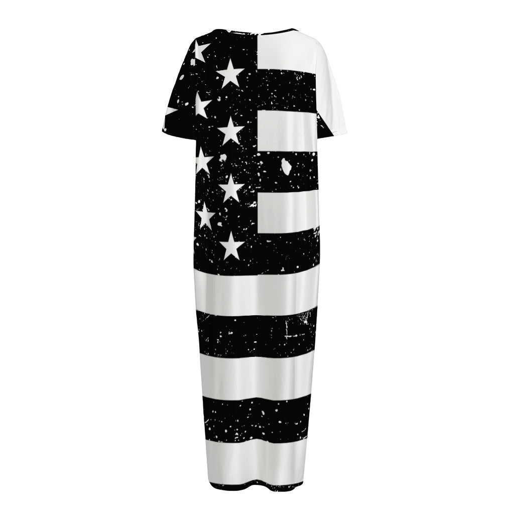 Monochrome Grunge American Flag Print Short Sleeve Long Nightdress