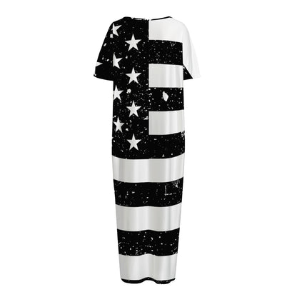 Monochrome Grunge American Flag Print Short Sleeve Long Nightdress