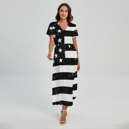 Monochrome Grunge American Flag Print Short Sleeve Maxi Dress