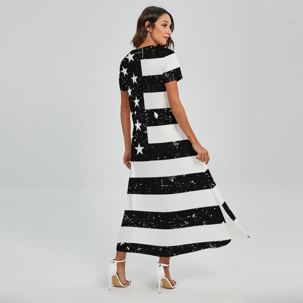 Monochrome Grunge American Flag Print Short Sleeve Maxi Dress