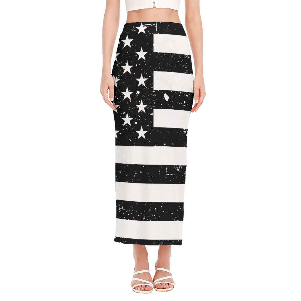 Monochrome Grunge American Flag Print Side Slit Maxi Skirt