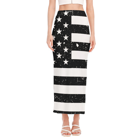 Monochrome Grunge American Flag Print Side Slit Maxi Skirt