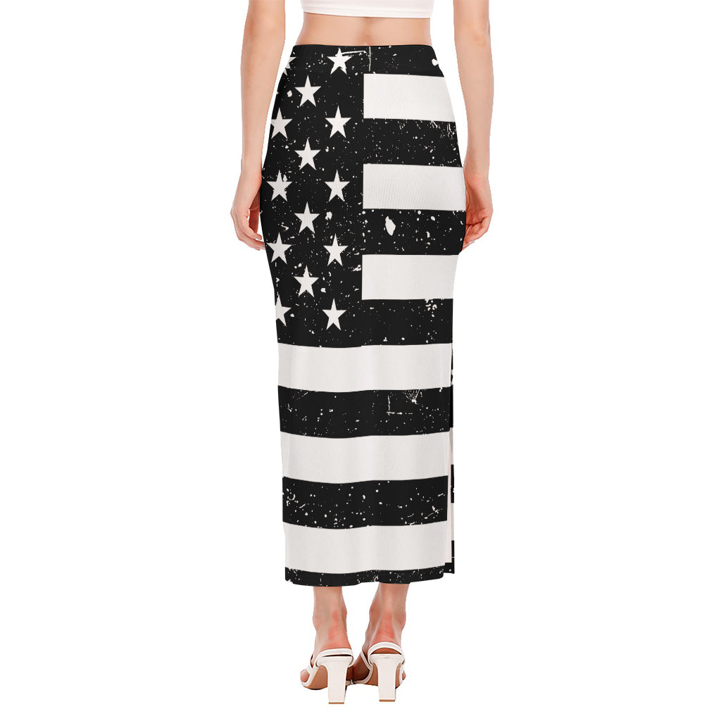 Monochrome Grunge American Flag Print Side Slit Maxi Skirt