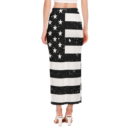 Monochrome Grunge American Flag Print Side Slit Maxi Skirt