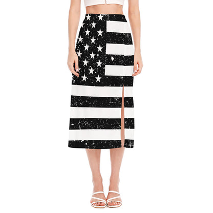 Monochrome Grunge American Flag Print Side Slit Midi Skirt
