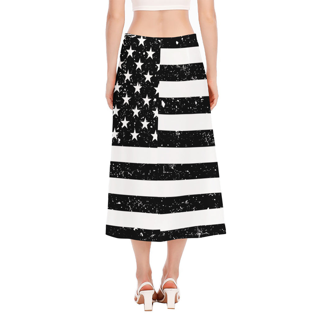Monochrome Grunge American Flag Print Side Slit Midi Skirt