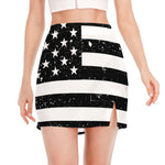 Monochrome Grunge American Flag Print Side Slit Mini Skirt