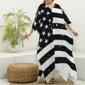 Monochrome Grunge American Flag Print Silk V-Neck Kaftan Dress