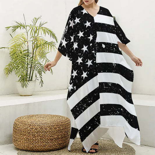 Monochrome Grunge American Flag Print Silk V-Neck Kaftan Dress