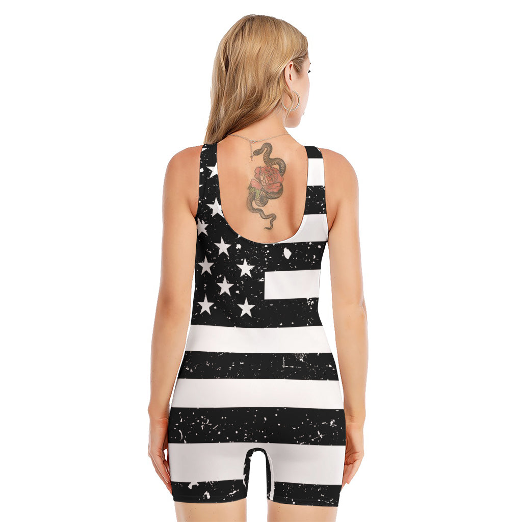 Monochrome Grunge American Flag Print Sleeveless One Piece Swimsuit