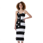 Monochrome Grunge American Flag Print Slim Fit Midi Cami Dress
