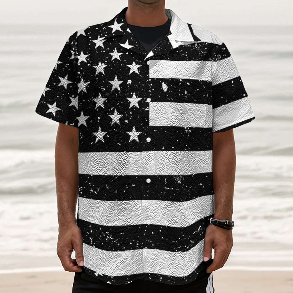 Monochrome Grunge American Flag Print Textured Short Sleeve Shirt