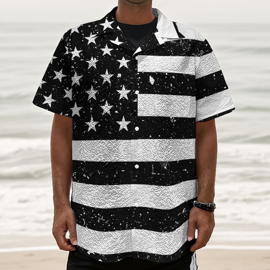 Monochrome Grunge American Flag Print Textured Short Sleeve Shirt