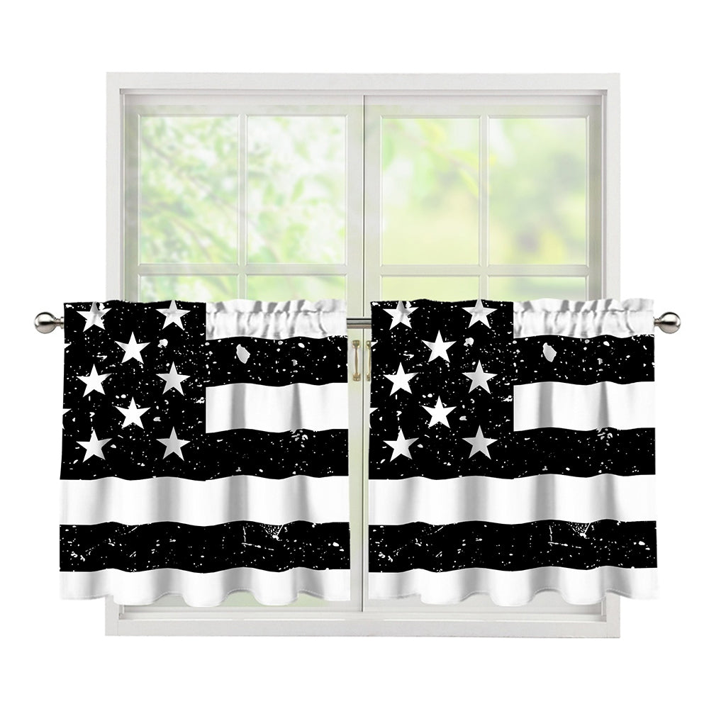 Monochrome Grunge American Flag Print Tier Curtains