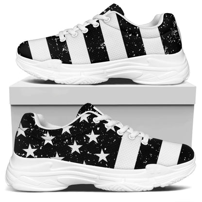 Monochrome Grunge American Flag Print White Chunky Shoes