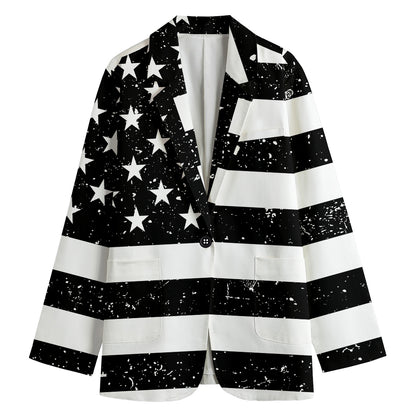 Monochrome Grunge American Flag Print Women's Cotton Blazer