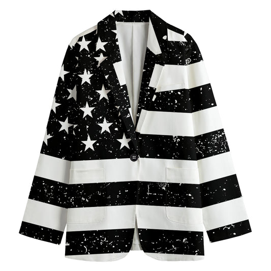 Monochrome Grunge American Flag Print Women's Cotton Blazer