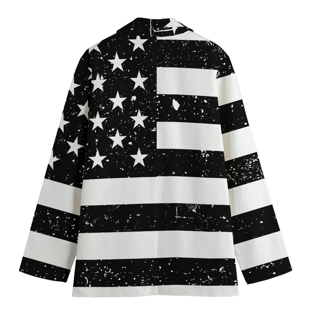 Monochrome Grunge American Flag Print Women's Cotton Blazer