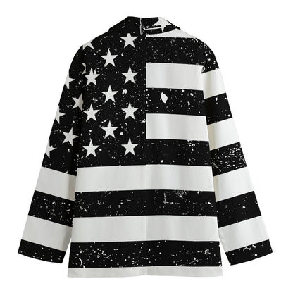 Monochrome Grunge American Flag Print Women's Cotton Blazer