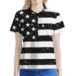 Monochrome Grunge American Flag Print Women's Polo Shirt