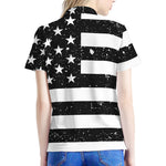 Monochrome Grunge American Flag Print Women's Polo Shirt