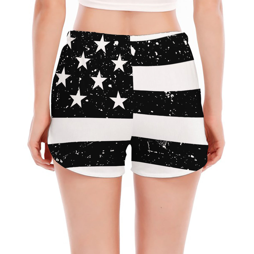 Monochrome Grunge American Flag Print Women's Split Running Shorts