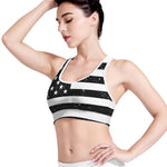 Monochrome Grunge American Flag Print Women's Sports Bra