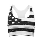 Monochrome Grunge American Flag Print Women's Sports Bra