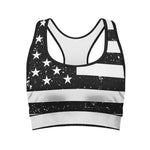 Monochrome Grunge American Flag Print Women's Sports Bra