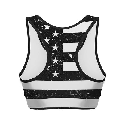 Monochrome Grunge American Flag Print Women's Sports Bra