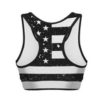 Monochrome Grunge American Flag Print Women's Sports Bra