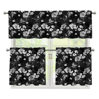 Monochrome Hawaiian Floral Print 3 Piece Kitchen Curtains
