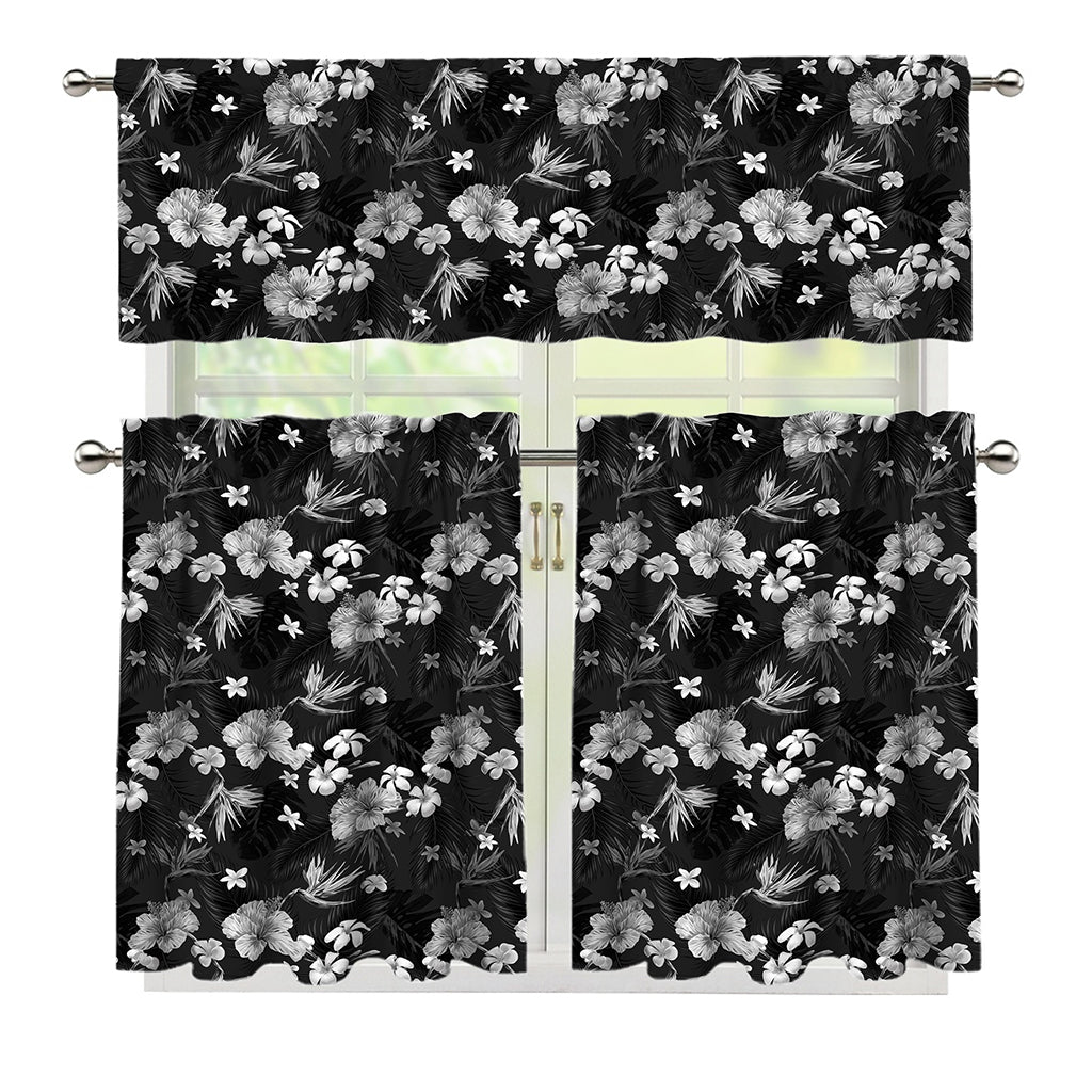 Monochrome Hawaiian Floral Print 3 Piece Kitchen Curtains